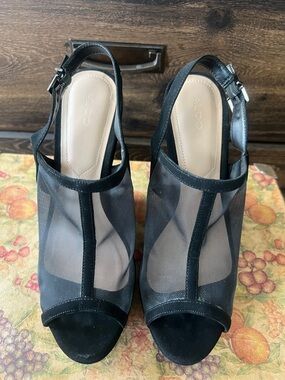 ALDO Black Mesh Peep-Toe Slingback Heels with T-Strap